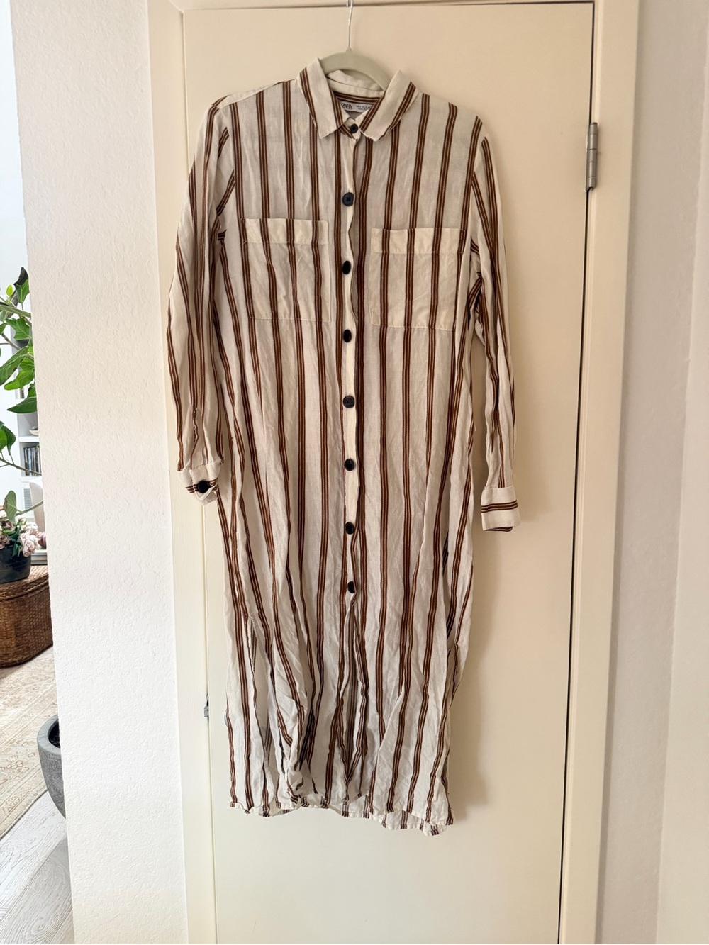 Zara Cream Dress with Brown Vertical Stripes